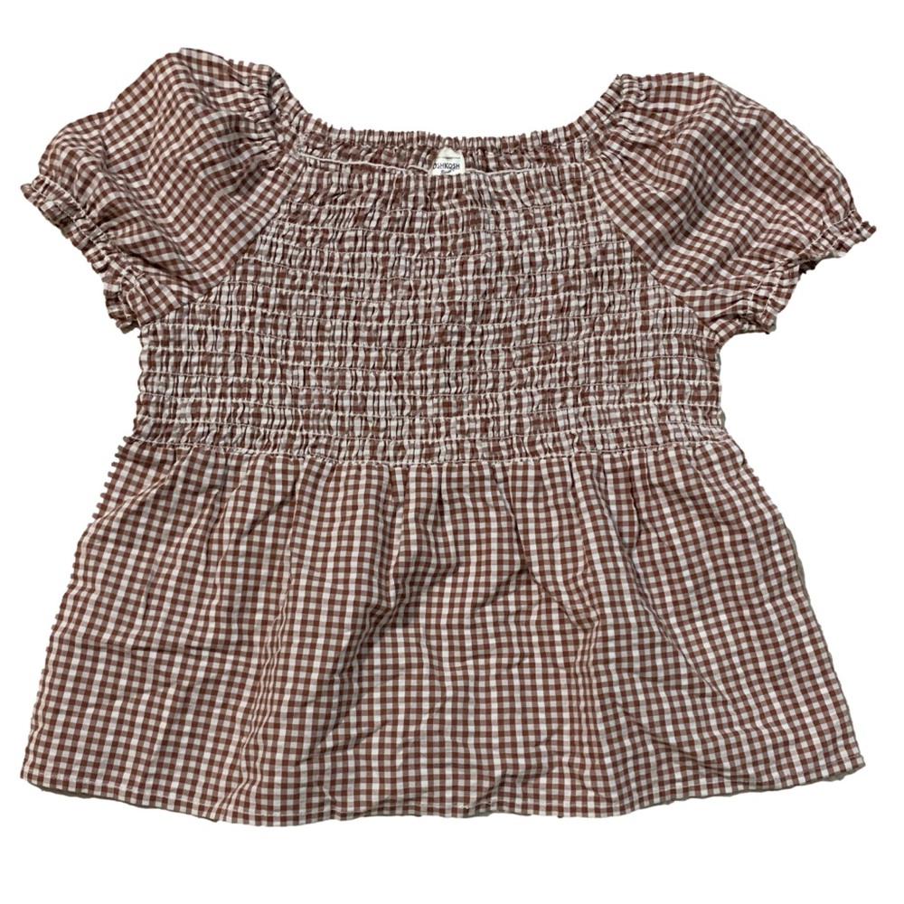 OshKosh Brown & White Gingham Checkered Smocked Short Sleeve Casual Blouse